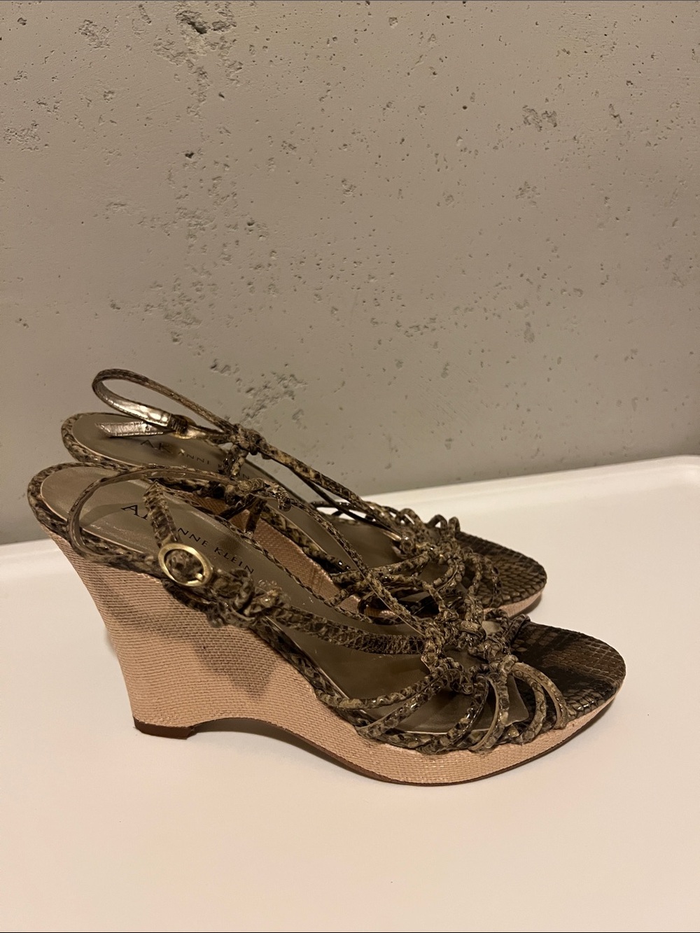 Anne Klein Braided Snake-Print Tan Wedge Sandals